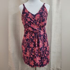 Lands End Women's Skirted Swim Suit Full One Piece Floral Tropical Navy Red XL